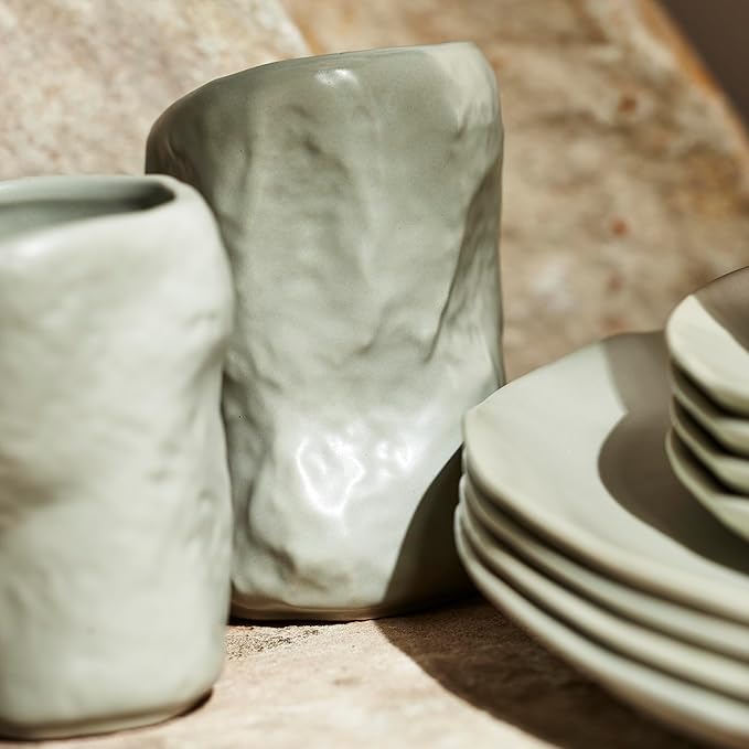 Stone by Mercer Project Atik Modern Stoneware 32-Piece Dinnerware Set Plate and Bowl Set Dish set for 8 Sage-Grey