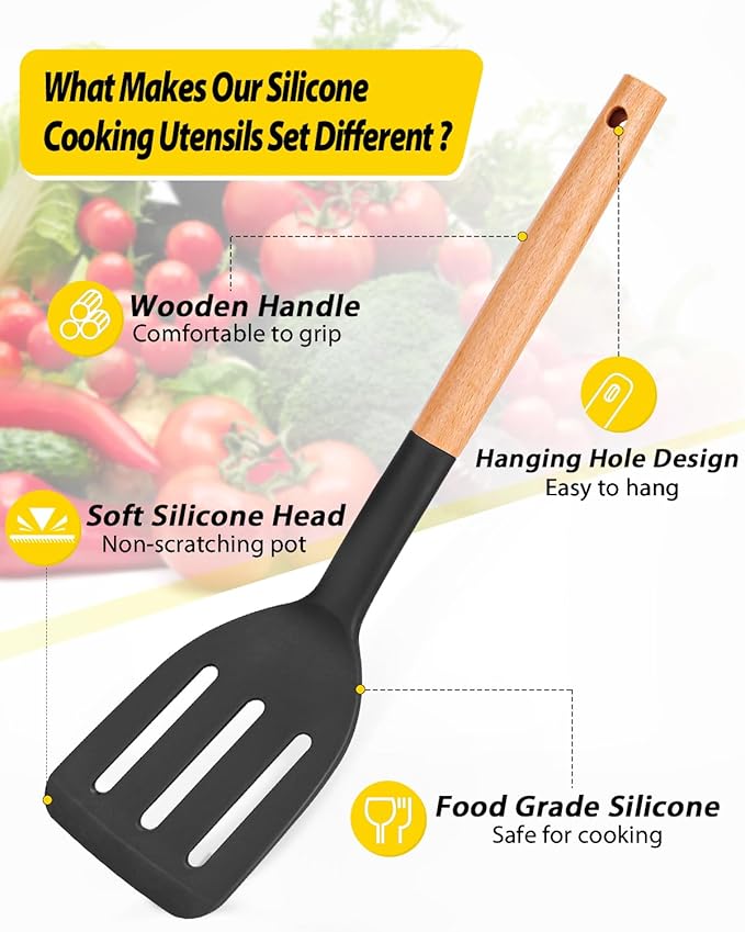 Pack of 4 Silicone Cooking Utensils Set Non Stick Solid Spatulas and Heat Resistant Slotted Spoons with Wooden Handle Ideal Wood Kitchen Utensils Set for FryingServingTurningStirring (BLACK)