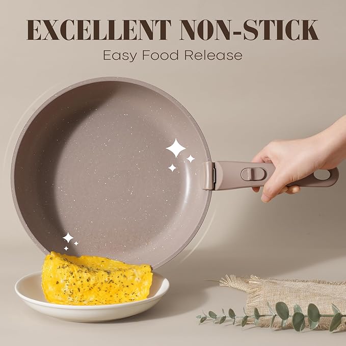 15Pcs Pots and Pans Set Non Stick Cookware Sets with Detachable Handle Nonstick RV Kitchen Cooking Tools Removable Handles Oven Safe Induction Fast Stackable Induction Cookware Brown