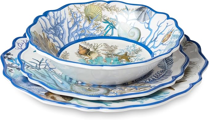 Blue Lagoon Melamine 12-Piece Dinnerware Set – Coastal Coral and Shell Design Service for 4 – 11 Dinner Plates 9 Salad Plates and 28oz Bowls – Durable Lightweight BPA-Free Dishwasher SafE