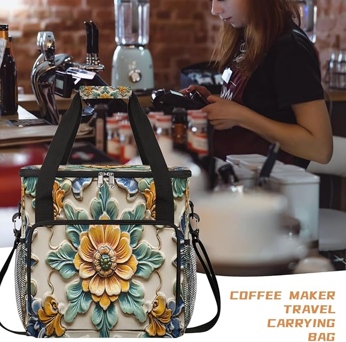 Ceramic Flowers Coffee Maker Carring Bag Travel Carrying Storage Tote Bag Compatible with Keurig K-Mini or K-Mini Plus Portable Single Serve Coffee Brewer Case with Pockets for K-cup Pods