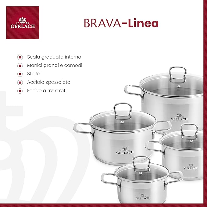 Gerlach 1760 Brava Stainless Steel Saucepan Set Induction Pots Set Suitable for Induction Cookware Set of 4 Silver