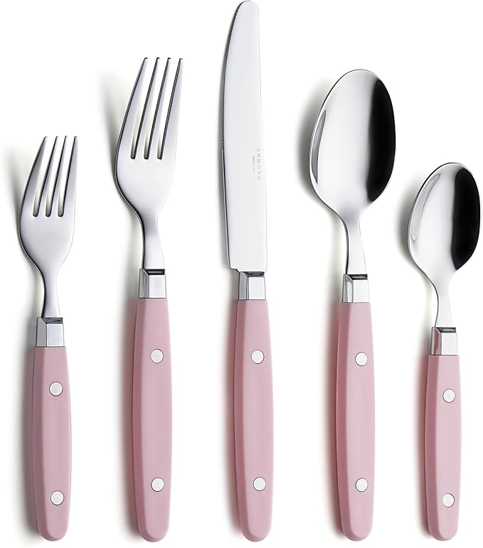 ANNOVA Silverware Set Retro/Rivet Colorful Stainless Steel Tableware Kitchen Flatware Set Utensils Includes Dinner Knives Forks Spoons Salad Forks &amp Dessert Spoons (Light Pink 20 Pieces)