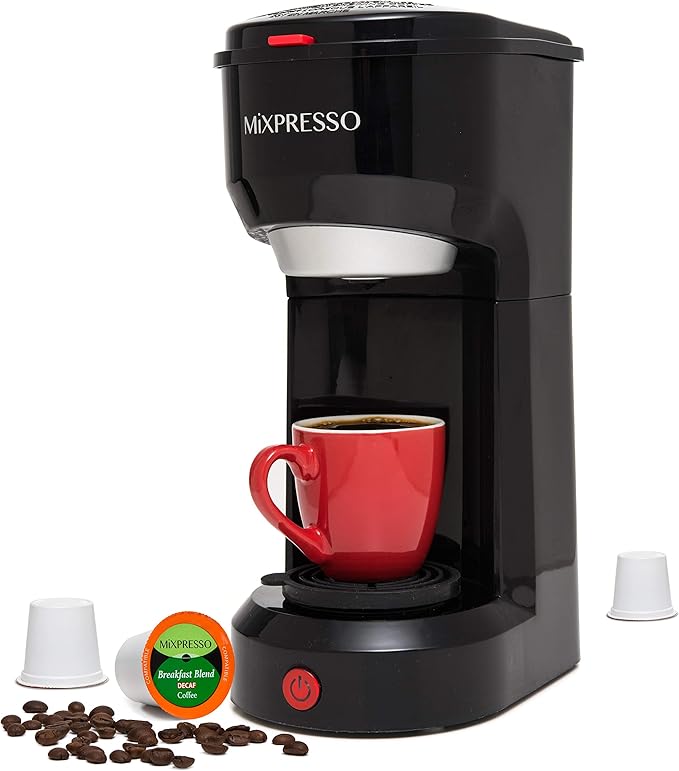 Mixpresso 2-in-1 Coffee Maker – Single Serve &amp Ground Coffee Brewer Compact Personal Coffee Machine for Pods &amp Loose Grounds Quick Brew 14 oz Portable Small Coffee Maker Black