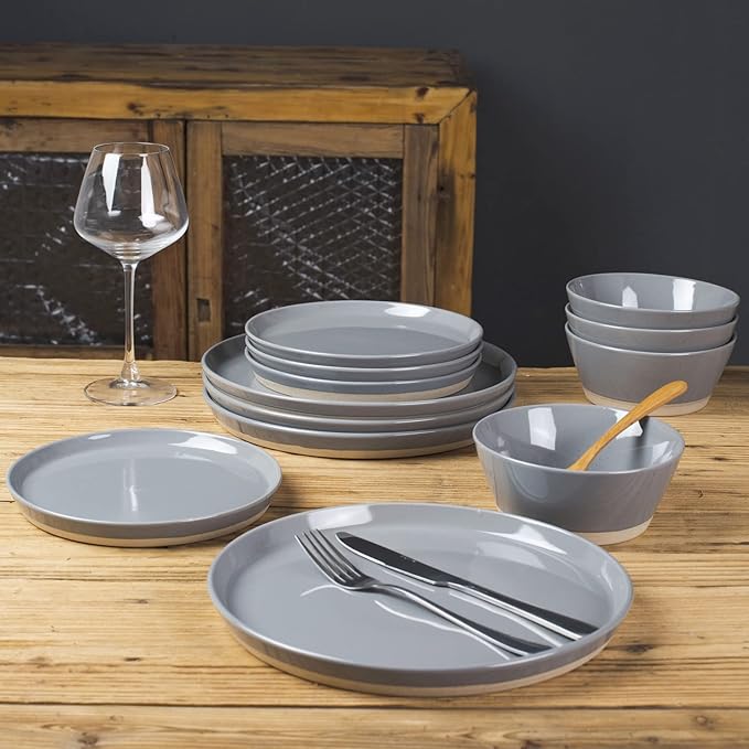 Famiware Saturn Dinnerware Sets for 4 12 Pieces Stoneware Plates and Bowls Dish Set - Chip and Scratch Resistant Microwave and Dishwasher Safe Tableware Dark Gray