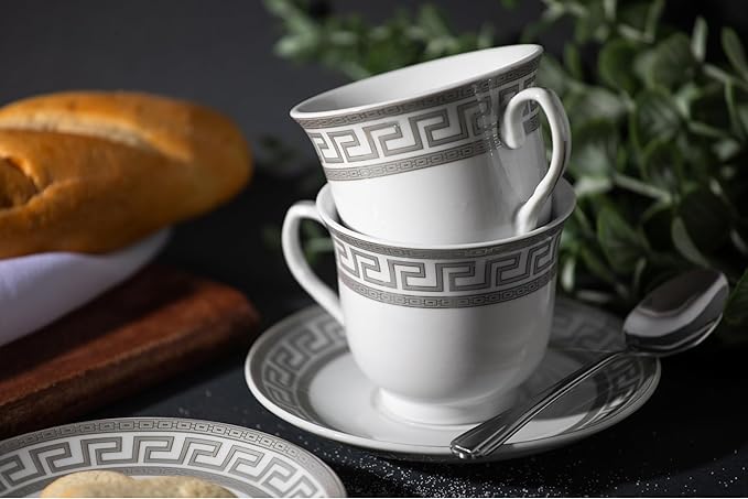 Luxurious 20 Piece Dinnerware Set - Service for 4 - Vintage Silver Greek Key Edge Design - Elegant Ceramic Plates and Bowls - Classic Dish - Kitchen Plates Set for 4 (Meander Silver 2020)