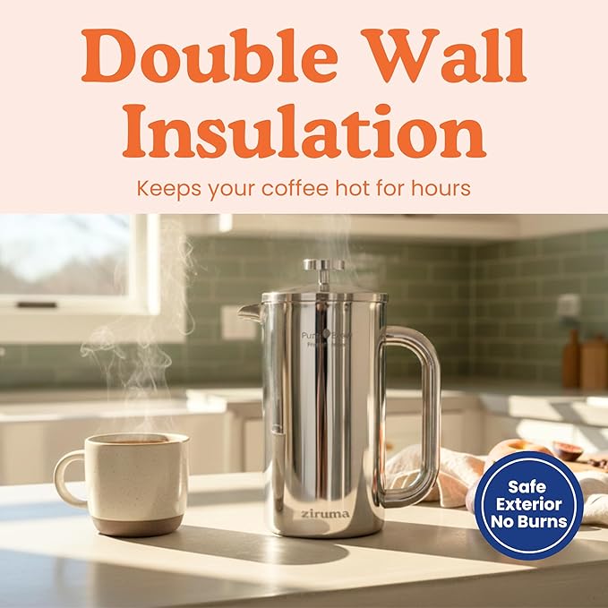 Ziruma Non-Toxic French Press Surgical Stainless Steel Coffee Press Plastic-Free Heavy Metal-Free No Endocrine Disruptors 34 Oz Double Wall 4-Layer Filter Portable Coffee Maker
