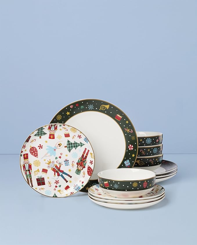 Lenox Dinnerware Set Nutcracker Ballet 12-Piece Dinnerware Set Service for 4 Made Of Porcelain Dishwasher/Microwave Safe Includes Plates and Bowls for Pasta and Salad Christmas Decor (12 Piece)