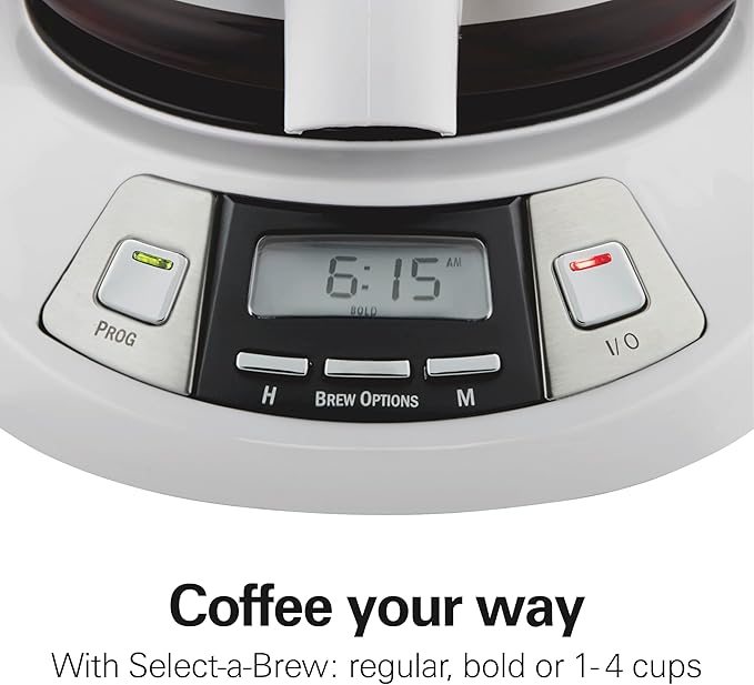 Hamilton Beach 12 Cup Programmable Drip Coffee Maker Machine Regular &amp Bold Brew Options Auto Pause and Pour Glass Carafe White (46294J)