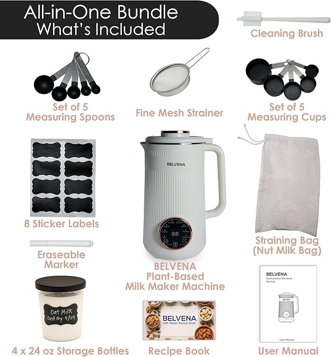 All-In-One Bundle Nut Milk Maker Machine – Includes 4 Storage Bottles Labels &amp Measuring Set 32oz Capacity 8 in 1 Function Soy Milk Maker Machine Automatic Stainless Steel Almond Nut Oat Rice