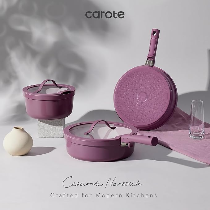 CAROTE Ceramic Cookware SetPots and Pans set Non StickInduction Cookware Set with Removable HandleRV Kitchen Cooking SetNon-toxic Kitchen Cooking Set PFAS and PFOA FreePurple