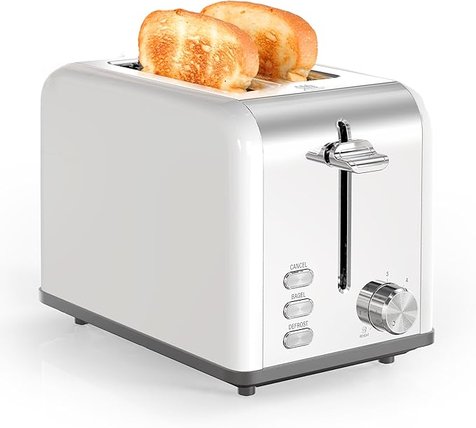 YSSOA 2-Slice Toaster with 6 Browning Setting and 3 Function Extra Wide Slot &amp Removable Crumb Tray Retro Stainless-Steel Style for Bread &amp Waffle White