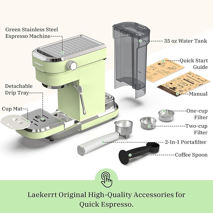 Laekerrt Espresso Machine 20 Bar Espresso Maker CMEP01 with Milk Frother Steam Wand Professional Expresso Machine for Cappuccino and Latte (Stainless Steel Green) Gift for Dad Father Coffee Lovers
