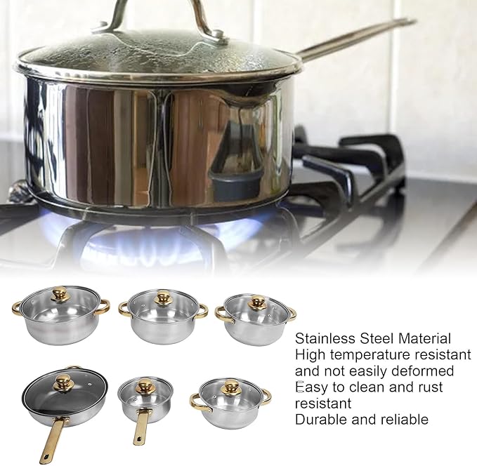 Zerodis Cookware Set Stainless Steel Kitchen Household Cookware Combination Set Pot Frying Pan Saucepan Set Glass with Powerful Thermal Conductivity for Home Kitchen Restaurant (Gold
