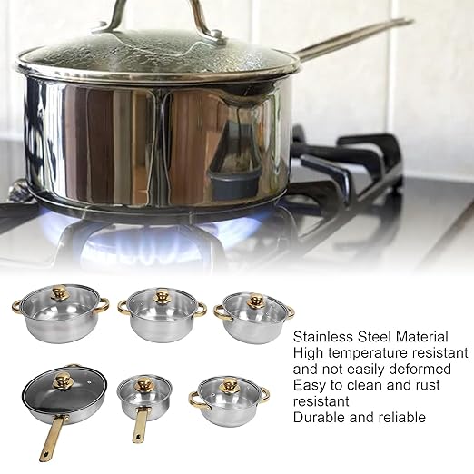 Pots and Pans SetPremium Stainless Steel Cookware Set - Proof and Stick Proof Pan and Pot Set with Gold Handles and Kettle - Ideal for Home Kitchens and Restaurants (Gold Handle)