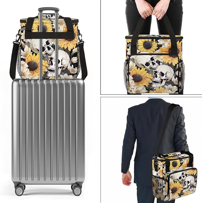 Skull Coffee Maker Carrying Bag Sunflowers Portable Travel Storage Tote Bag Compatible with K-Mini or K-Mini Plus Single Serve Coffee Brewer Carrying Case with Multiple Pockets &amp Shoulder Strap