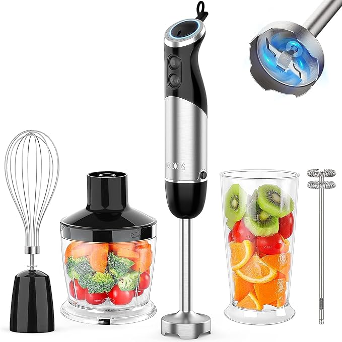 KOIOS Upgraded Immersion Blender Handheld 1000W 12-Speed 5 in 1 Hand Mixer Stick Blender with 304 Stainless Steel BladeFood ProcessorBeakerEgg Whisk&ampMilk FrotherNon-BPASmoothies Purée Baby F