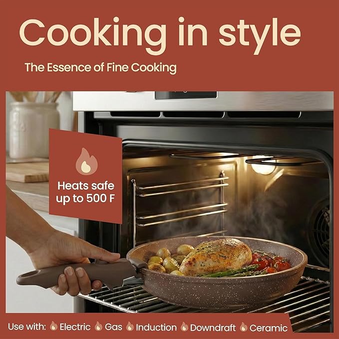 Bakken 17-Piece Ceramic Coated Aluminum Cookware Set Nonstick Pots and Pans with Lids Silicone Cooking Utensils &amp Oven Mitts All Stovetop Safe Up To 500°F PTFE &amp PFAS Free Dishwasher Safe