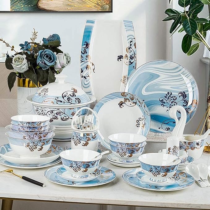 65 pcs Dinnerware Set Serves for 10 People Line Drawing Decoration Bone China Tableware SetPremium Quality Porcelain Dishes/Plate/BowlDishwasher &amp Microwave SafeBlue (62pcs Serves for 10)