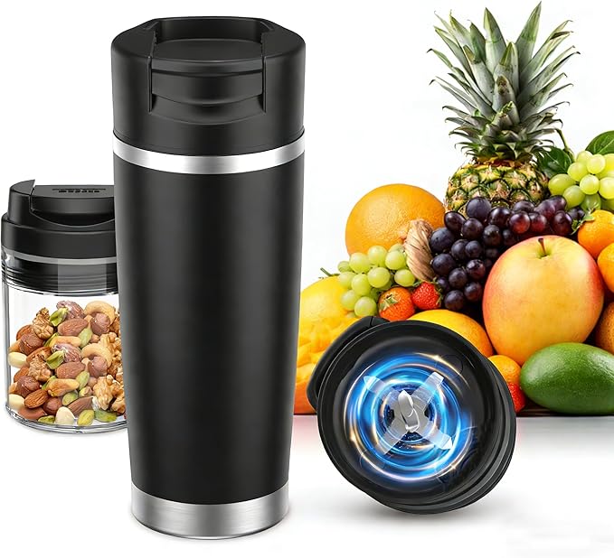 Portable Personal Blender 20oz Vacuum Cup Cordless Blende for 120 Watt Rechargeable Personal Size blender With Stainless Steel Bottle Ideal For-Shakes and Smoothies BPA Free (Black）