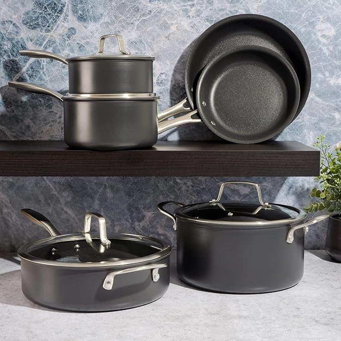 10-Piece Nonstick Aluminum Cookware Set – Heavy-Gauge Pots and Pans with Teflon Interior Cool-Touch Silicone Handles Scratch-Resistant Glacier Blue Finish (Black)