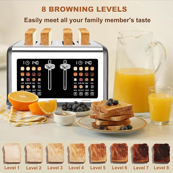 4 Slice Toaster Touch Screen Stainless Steel Toasters Digital Timer Dual Control Panel Toasters 8 Shade Settings 6 Bread Types for Bagel Cancel Defrost 1650W Grey