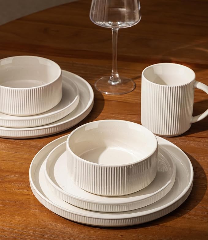 GBHOME Stoneware Dinnerware Sets for 4 12 Pieces Ceramic Ribbed Plates and Bowls Set Reactive Glaze Stackable Plate Sets Scratch Resistant Dishes Microwave &amp Dishwasher Safe Beige