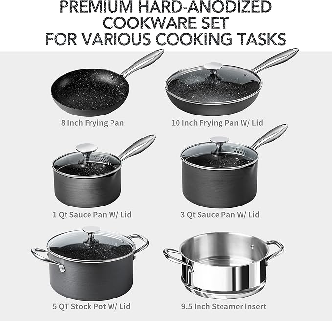 MICHELANGELO Hard Anodized Cookware Set - 10 Pcs Non Stick Pots and Pans Set with Granite Interior Induction Cookware Set with Steamer Insert