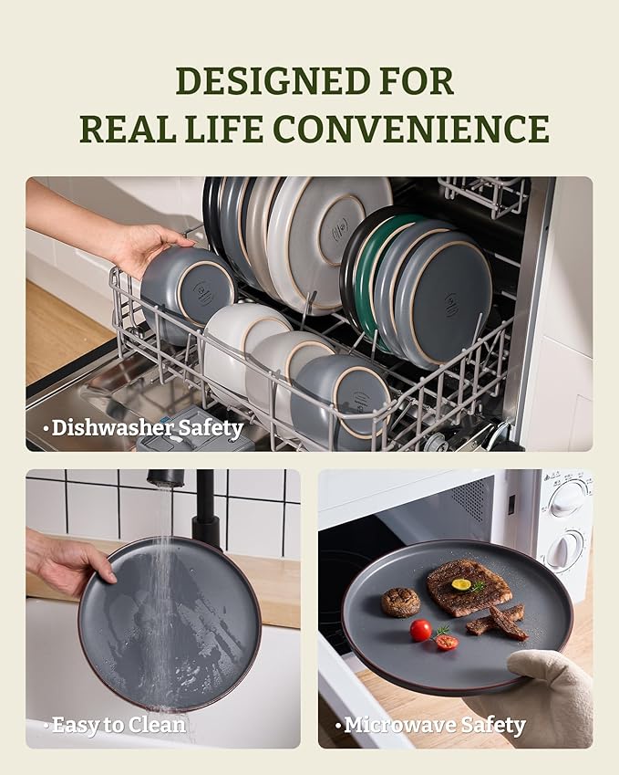 Famiware Mercury Dinnerware Sets with Mugs Service for 4 (16 Pieces) Plates and Bowls Sets Microwave and Dishwasher Safe Dishes Set Charcoal
