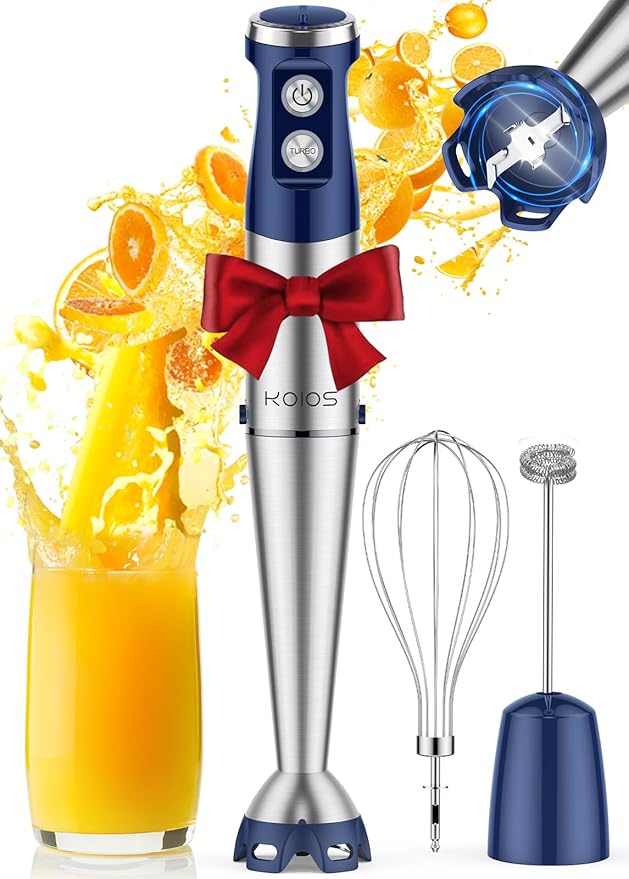 KOIOS Immersion Blender 1000W Anti-scratch 3-in-1 Hand Blender Upgraded 12 Speed Stainless Steel Blade Stick Blender with Turbo Mode Whisk and Milk Frother Non-BPA Blue