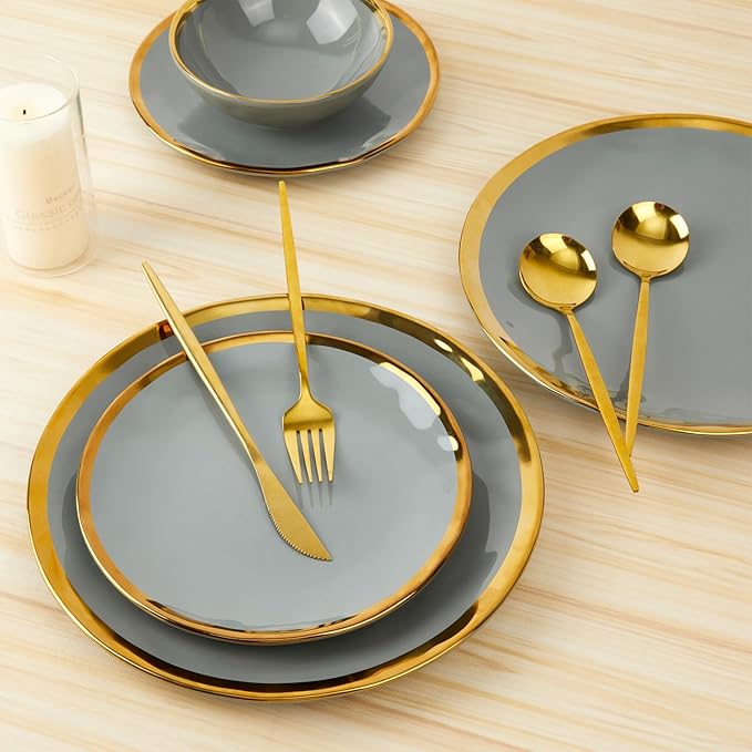 Porcelain Luxury Dinnerware Sets Modern Plates and Bowls Sets for 4 Highly Chip and Crack Resistant Grey and Gold Rim China Dishes Set for Wedding Anniversary
