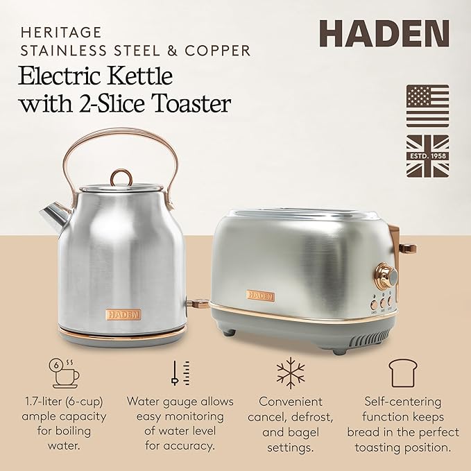 Haden Heritage 4 Slice Wide Slot Stainless Steel Toaster Bundled with 1.7 Liter Stainless Steel Electric Water Kettle Steel &amp Copper