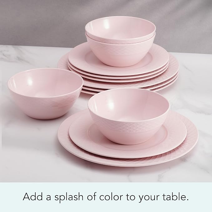 Miksa Trellis Pink Bone China Chip Resistant Lightweight 12 Piece Dinnerware Set Service for 4