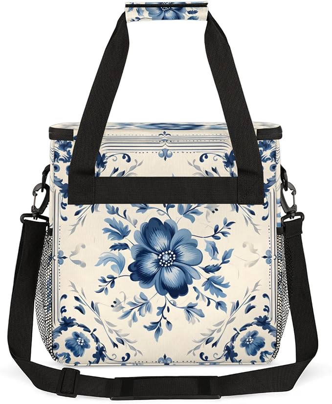 Blue Floral Pattern Coffee Maker Travel Bag for Keurig K-Mini/K-Mini Plus Insulated Waterproof Tote with Pockets Portable Single-Serve Brewer Case