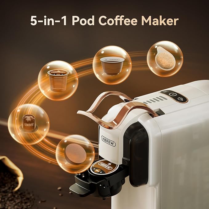 HIBREW H2B 5-in-1 Pod Coffee Maker - Compatible With 4 Coffee Capsule as Well as Espresso Powder Makes Iced Coffee Espresso Cappuccino Long Black. Hotel Kitchen Coffee Machine