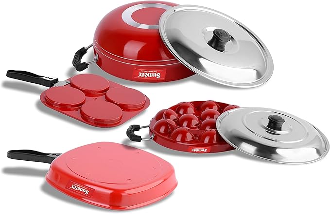 Sumeet 2.6mm Thick Non-Stick Hiri Cookware set (Mini Multi Snack Maker – 19.5cm + Kadhai With Lid – 220cm Dia + Grill Appam Patra with Lid – 23cm Dia + Grill Pan – 1.1Ltr Capacity-22cm-Dia