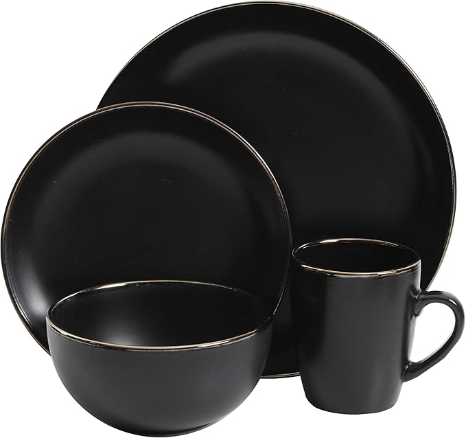 Gibson Home Rockaway 16-Piece Round Stoneware Dinnerware Set Service for 4 – Black with Gold Rim Plates and Bowls Microwave &amp Dishwasher Safe