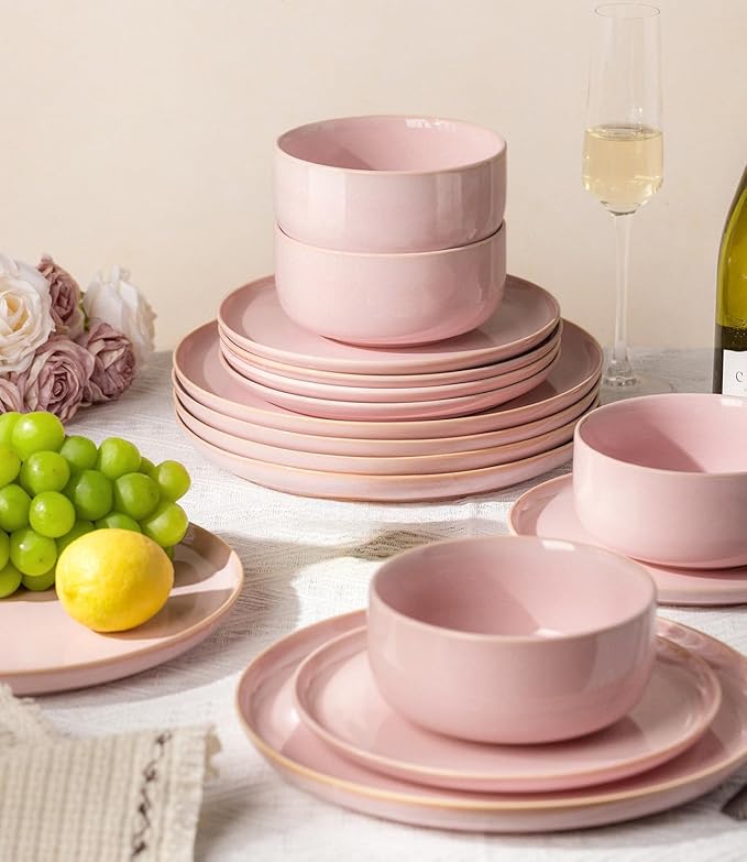 TheTerra Ceramic Dinnerware Sets for 4 12 Pieces Handmade Reactive Glaze Plates and Bowls Set Scratch Resistant Dish Set Oven &amp Microwave &amp Dishwasher Safe Sakura Pink