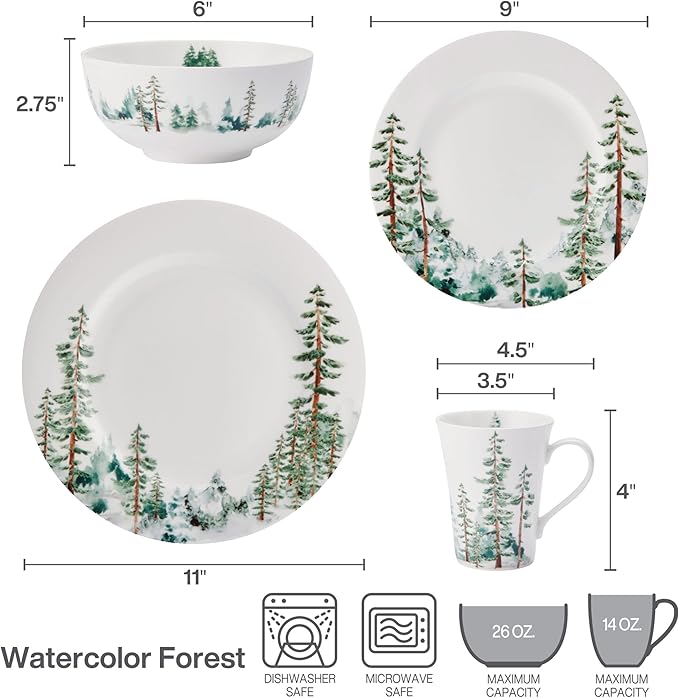 Mikasa Watercolor Forest Bone China Lightweight Chip Resistant 16 Piece Dinnerware Set Service for 4 White