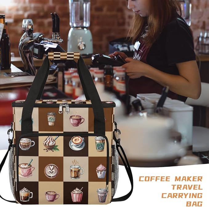 Cartoon Coffee Pattern Coffee Maker Carring Bag Travel Carrying Storage Tote Bag Compatible with Keurig K-Mini or K-Mini Plus Portable Single Serve Coffees Brewer Case with Pockets for K-cup Pods