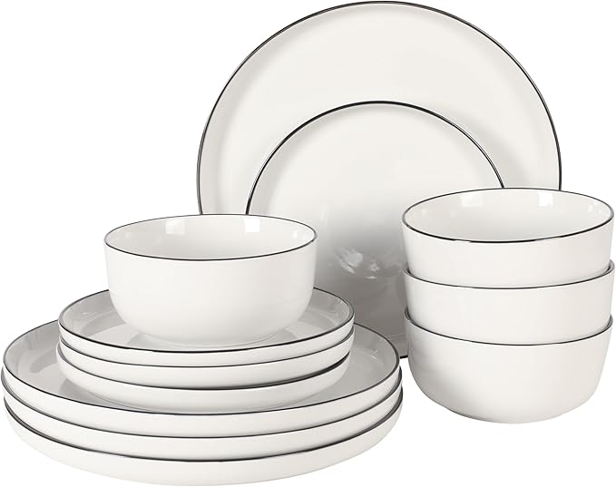 Gibson Home Oslo 12-Piece Porcelain Dinnerware Set – Dinner Plates Salad Plates &amp Bowls Classic White With Black Rim Everyday Dish Set for Home Kitchen Microwave &amp Dishwasher Safe