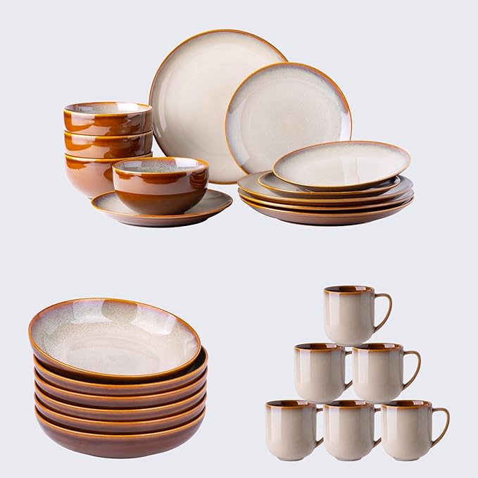 Ceramic Dinnerware Sets30-Piece Plates and BowlsHandmade Reactive Glaze Dishes SetChip Resistant and Scratch Resistant | Oven Dishwasher &amp Microwave SafeService for 6-Kahki