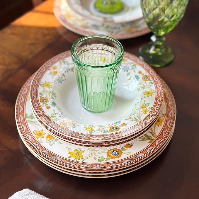 Fleurs des Prairies Bone China Dinnerware Set of 16 for 4 persons Handmade Reactive Glaze Dishes SetChip Resistant and Scratch Resistant Oven&ampDishwasher &amp Microwave SafeService for 4