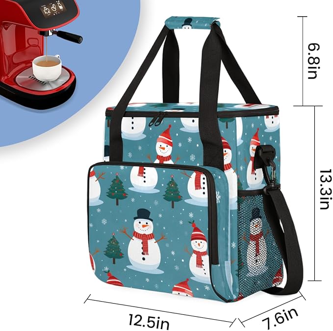 Christmas Snowman Coffee Maker Carrying Bag Xmas Snowman Travel Storage Bag Compatible with K-Mini or K-Mini Plus Single Serve Coffee Brewer Carrying Case with Multiple Pockets &amp Shoulder Strap