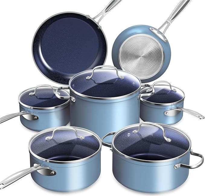 Nuwave Healthy Duralon Blue Ceramic Nonstick Cookware Set Diamond Infused Scratch-Resistant PFAS Free Dishwasher &amp Oven Safe Induction Ready &amp Evenly Heats Tempered Glass Lids &amp Stay-