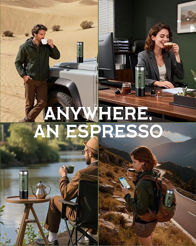 Portable Espresso Machine 9600mAh Travel Electric Coffee Maker with 20 Bar Self-Heating Lightweight Car Coffee Machine with NS Capsules &amp Grounds for RV Hiking Camping Office