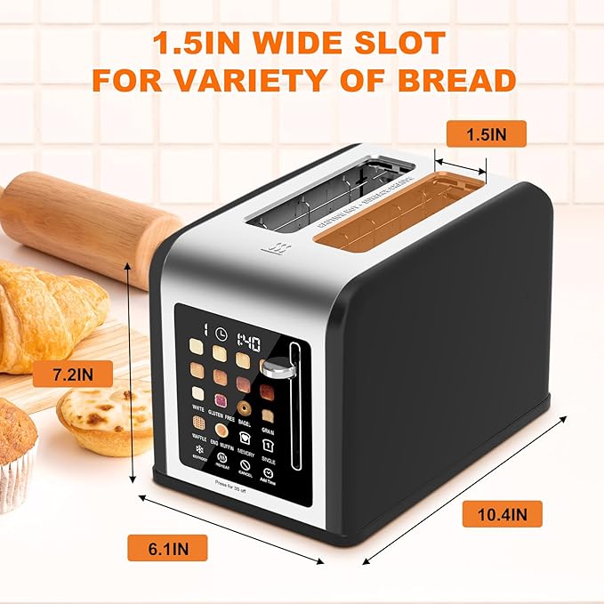 2 Slice Toaster Touch Screen Stainless Steel Toasters Digital Timer 2 Slot Toasters 8 Shade Settings 6 Bread Types for Bagel Cancel Defrost (Black)
