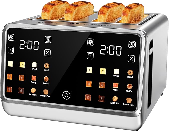 Smart Toaster 4 Slice Wide Slot– Dual Digital TouchScreen &amp Independent Control for Family | 1800W Stainless Steel for 5 Bread Types &amp 6 Toast Settings | Defrost Reheat &amp Single-Slice Mode