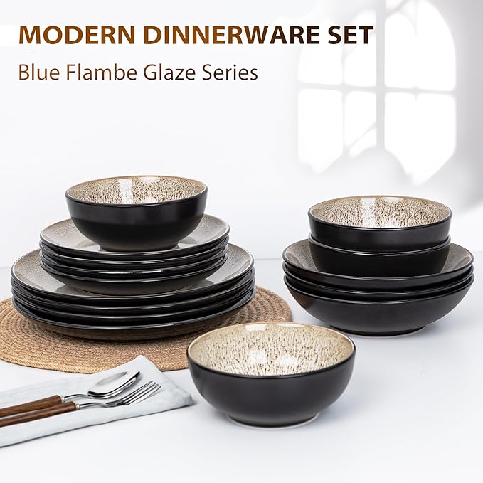 Plates and Bowls Sets for 4 - CJDC-QUELO 12-Piece Stoneware Dinnerware Sets Ceramic Dishware Set for Kitchen Use and Formal Dining Chip and Scratch Resistant Microwave Dishwasher Safe Brown