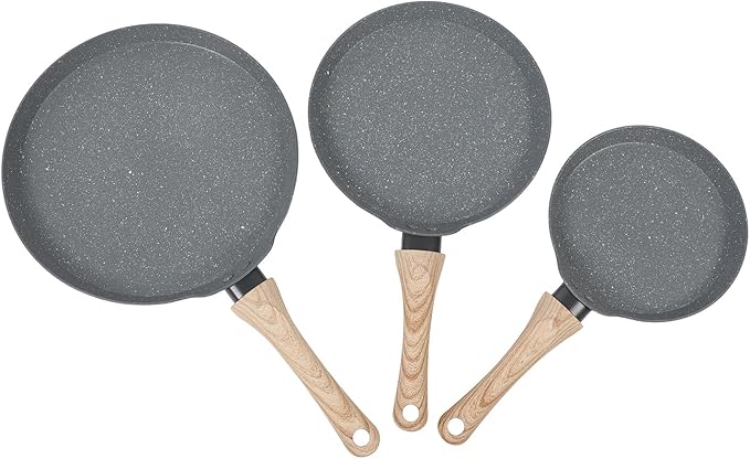 3PCS Grey Maifan Stone Frying Pan Set Anti Stick with Wooden Handles 3 Sizes for Versatile Cooking Ideal for Breakfast Pies and Cakes
